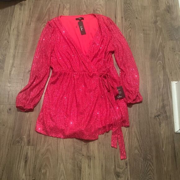 Glamorous LuLus Hot Pink Sequin Faux-Wrap Romper- NWT - Picture 5 of 15